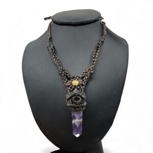 Brown Macrame Purple Amethyst Necklace with Golden Bead Adjustable Size